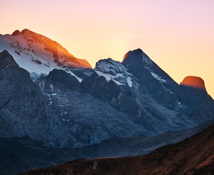 Mountain peaks glowing at sunset